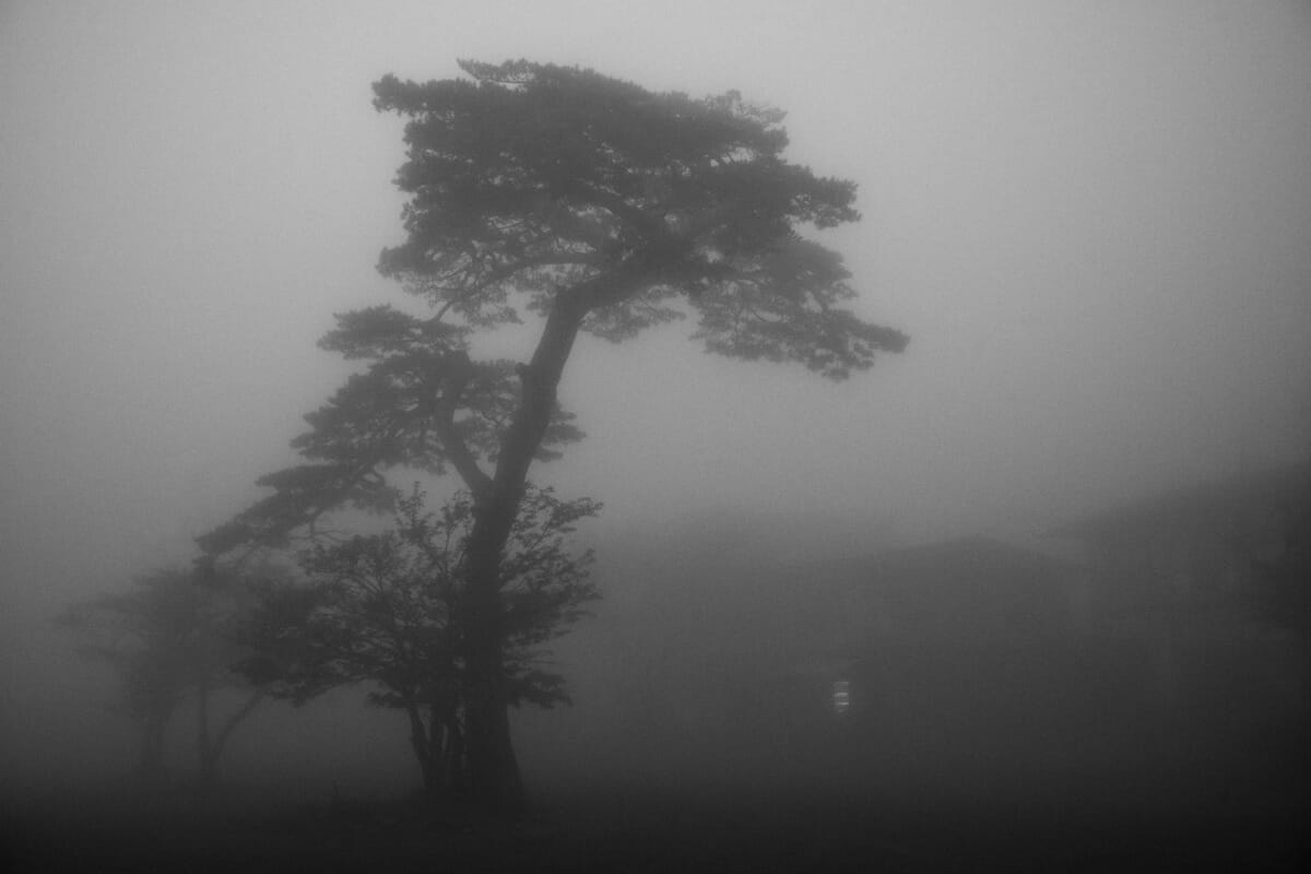 an old and faded Japanese tourist spot in the fog