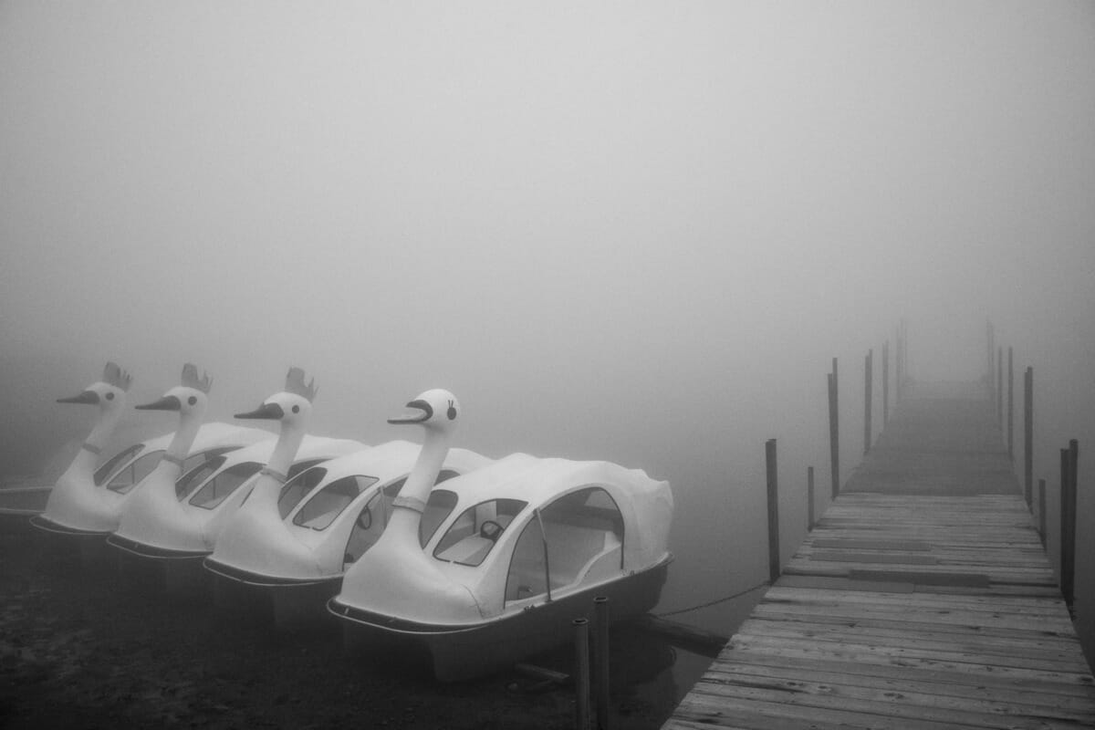 an old and faded Japanese tourist spot in the fog