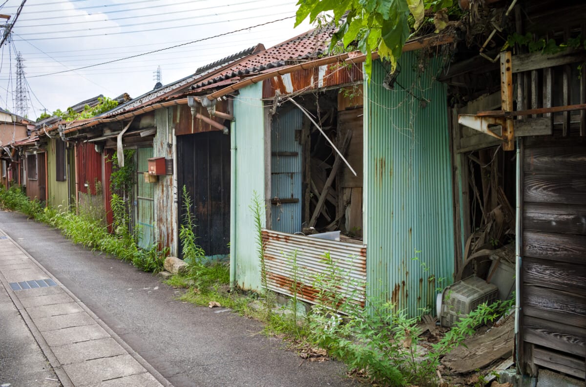 Crumbling and abandoned pre-war Japanese row houses