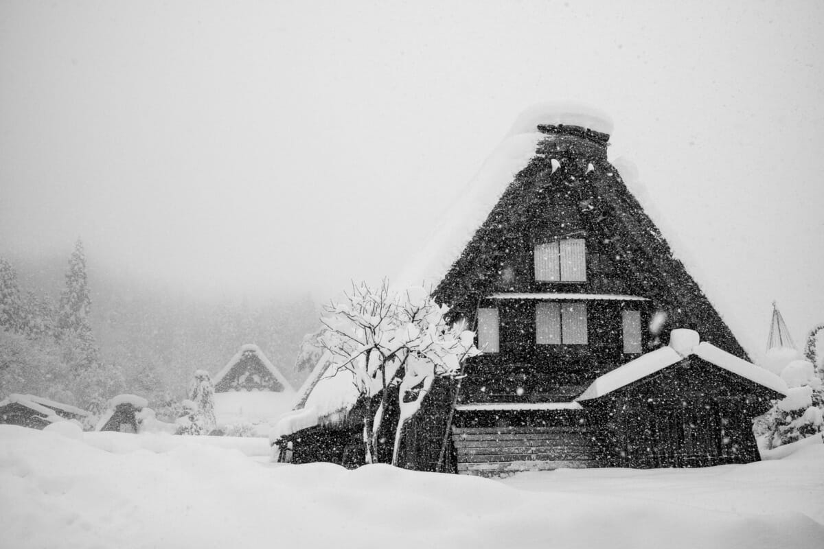 a beautifully bleak Japanese village in the snow