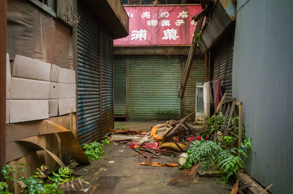 The overgrown beauty of a long abandoned Japanese shopping arcade