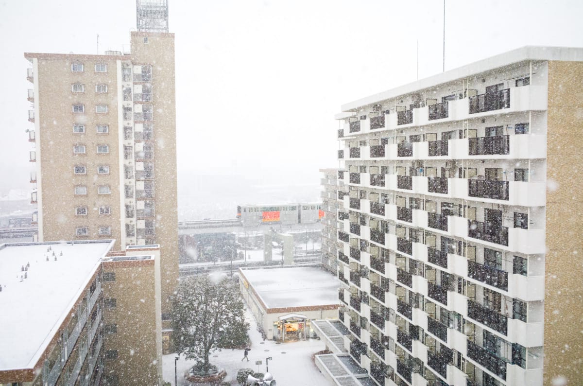 Suburban Tokyo public housing in the snow