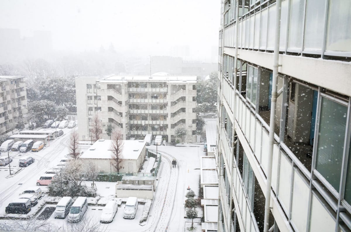 Suburban Tokyo public housing in the snow