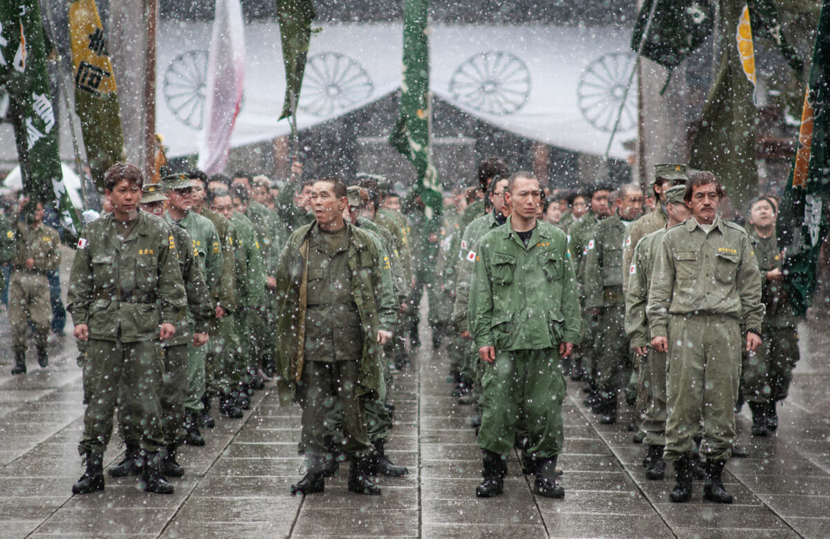 Japanese nationalists at Tokyo’s Yasukuni Shrine on National Foundation Day in the snow